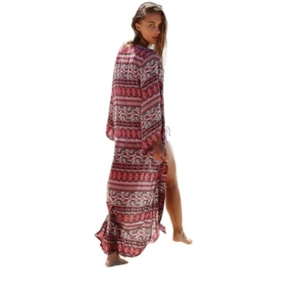 5⭐️ Red Boho Print Swim Coverup Open Front OS - Picture 2 of 8